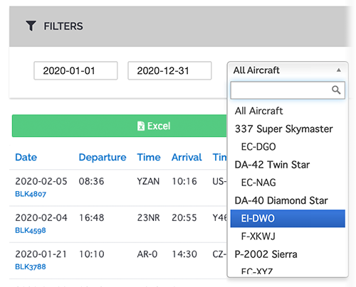 flight filters and export to excel option