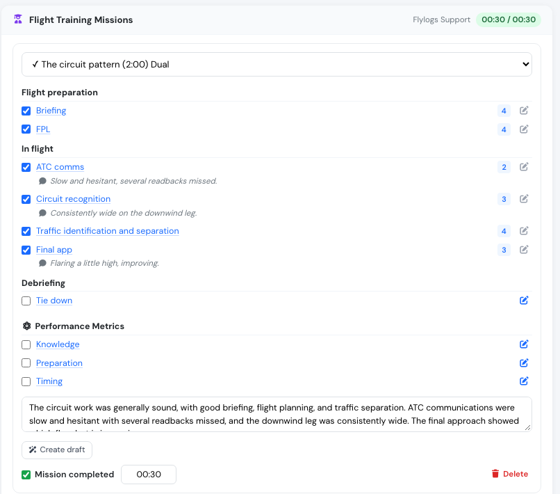 A graded training mission with the comment drafted from its exercise ratings and instructor notes