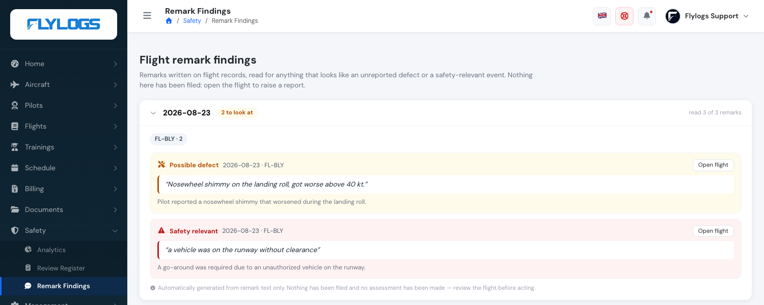 Flight remark findings listing a possible defect and a safety-relevant event, each quoting the pilot’s own words