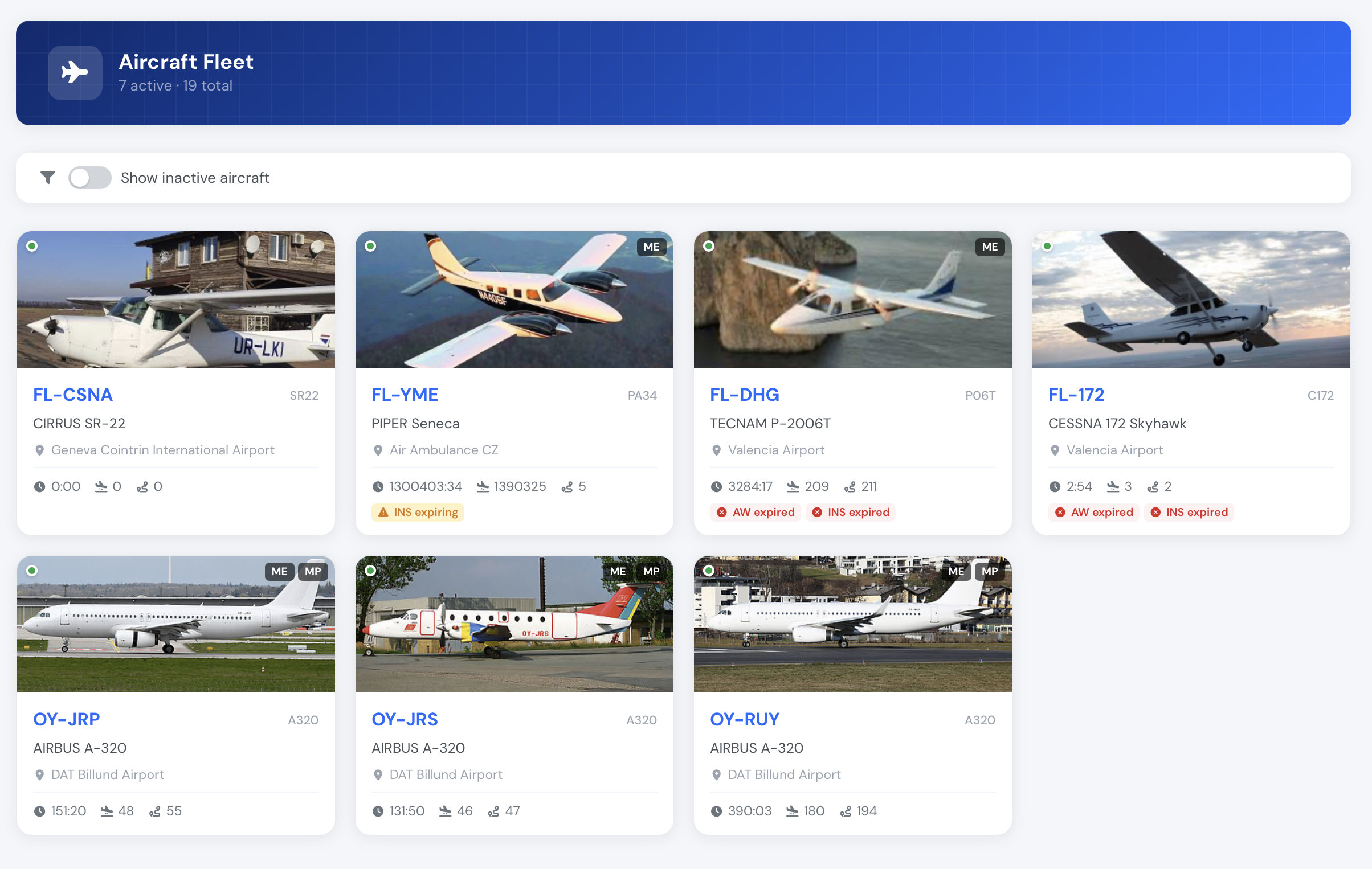 Flylogs bases overview showing multiple airport locations on map tiles