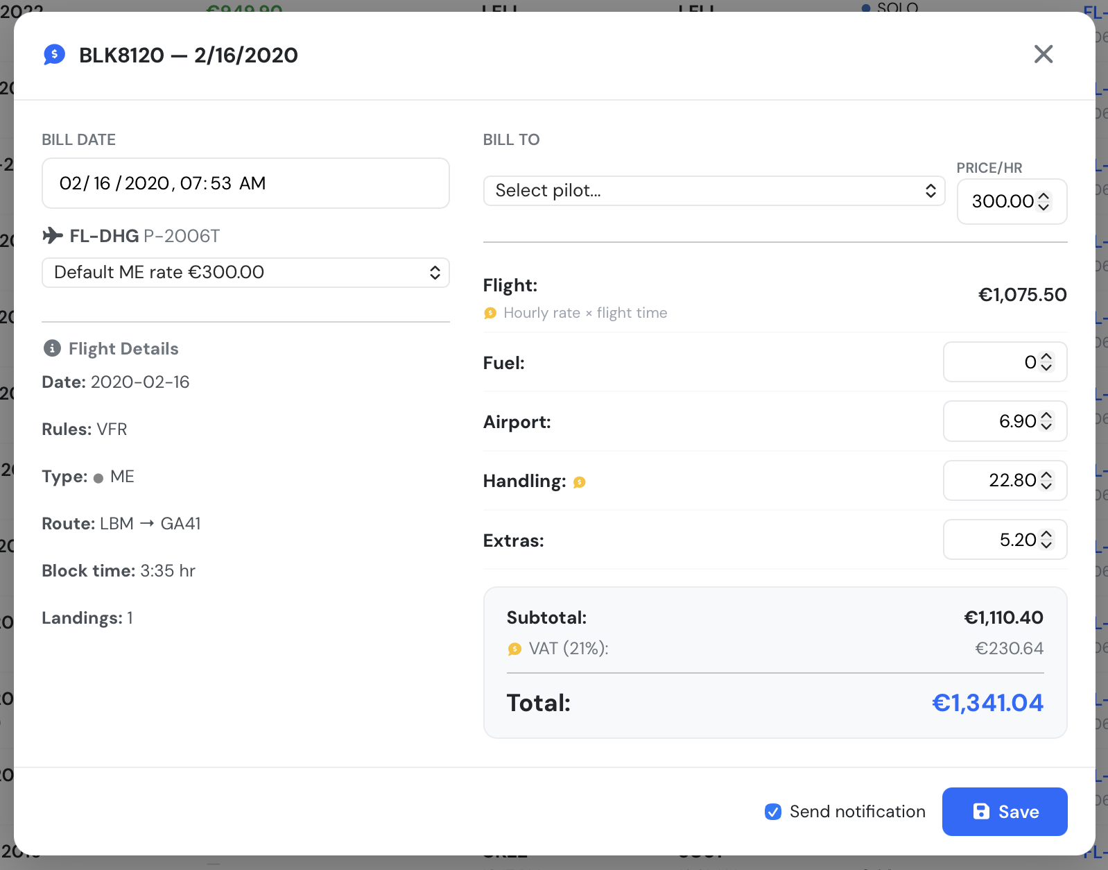 Flight billing dashboard