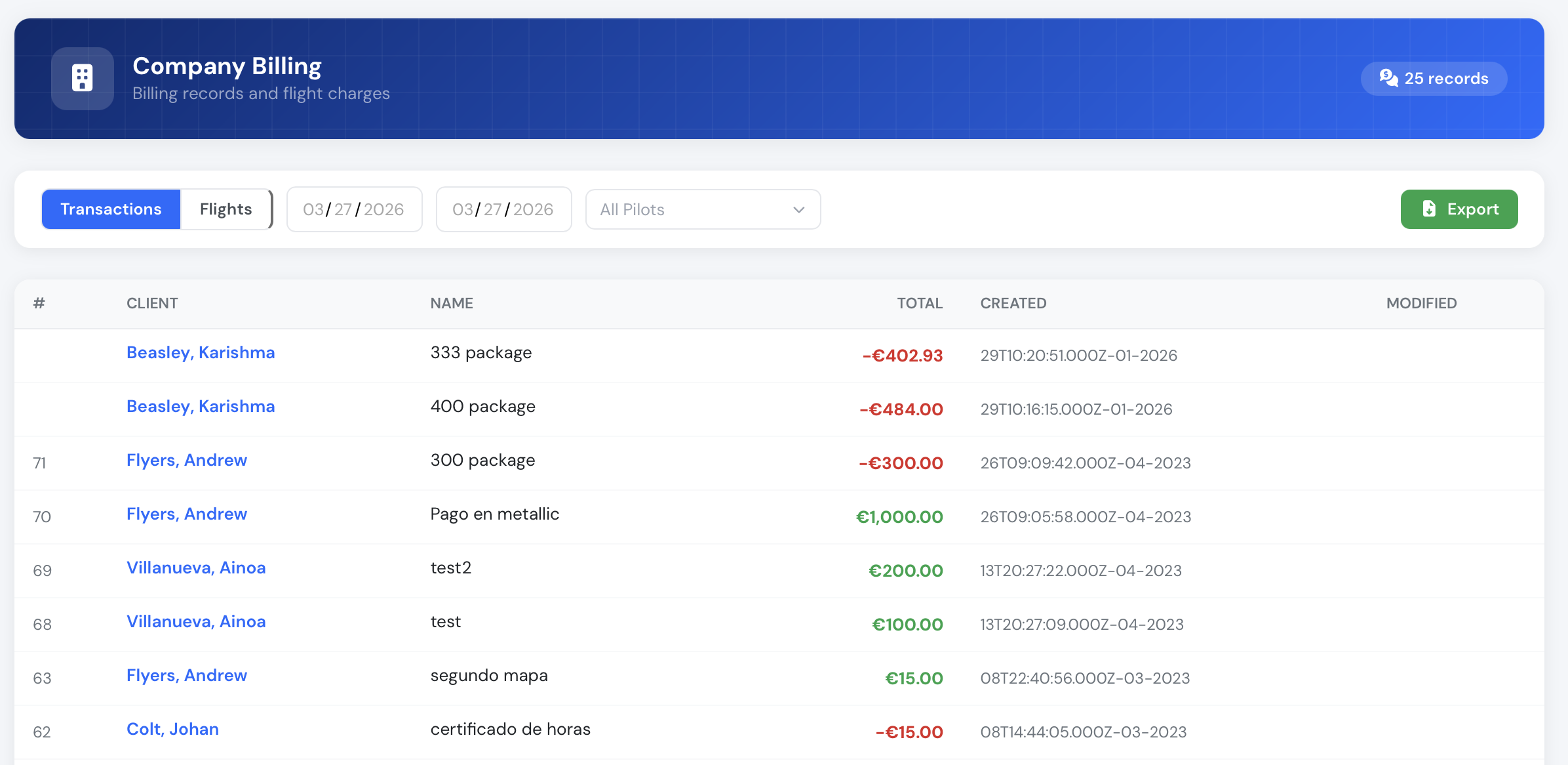 Flylogs pilot billing profile with prepaid packages and account balance