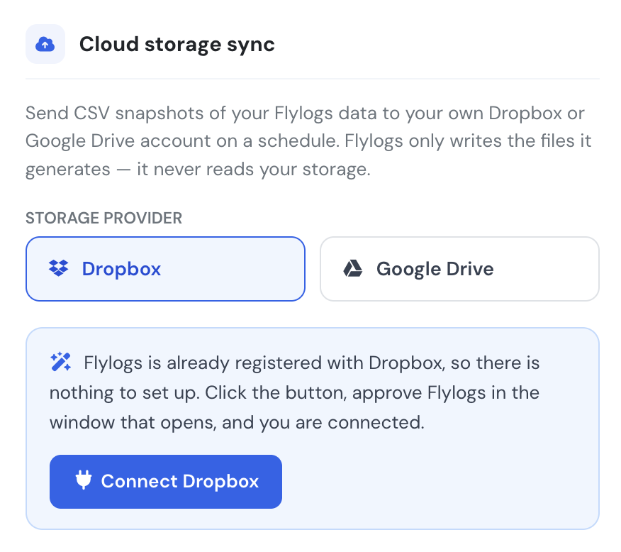 Cloud storage sync settings in Flylogs