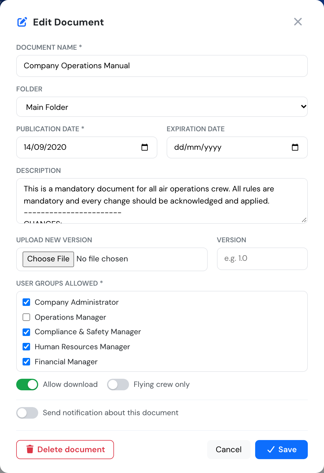 Document user group permission list with all role types