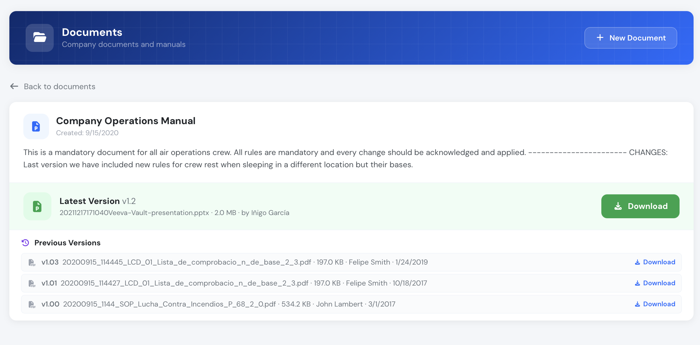 Company Operations Manual with version history and user groups