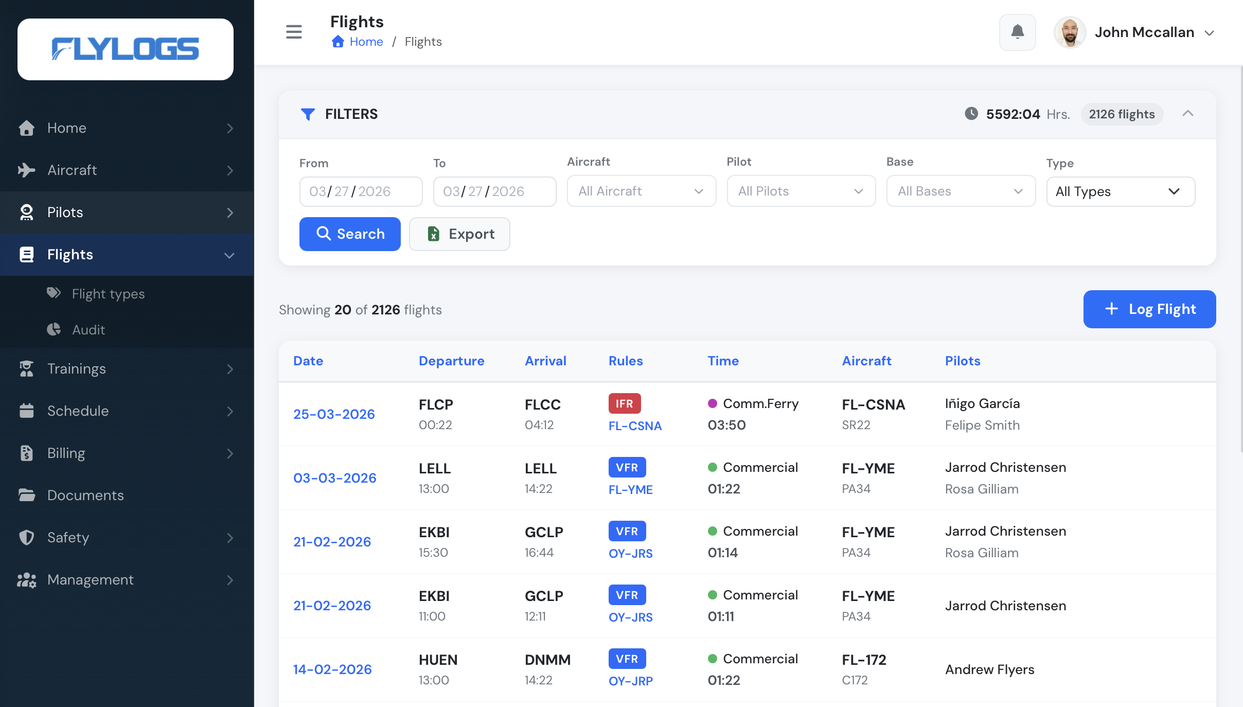 Flight logbook screenshot