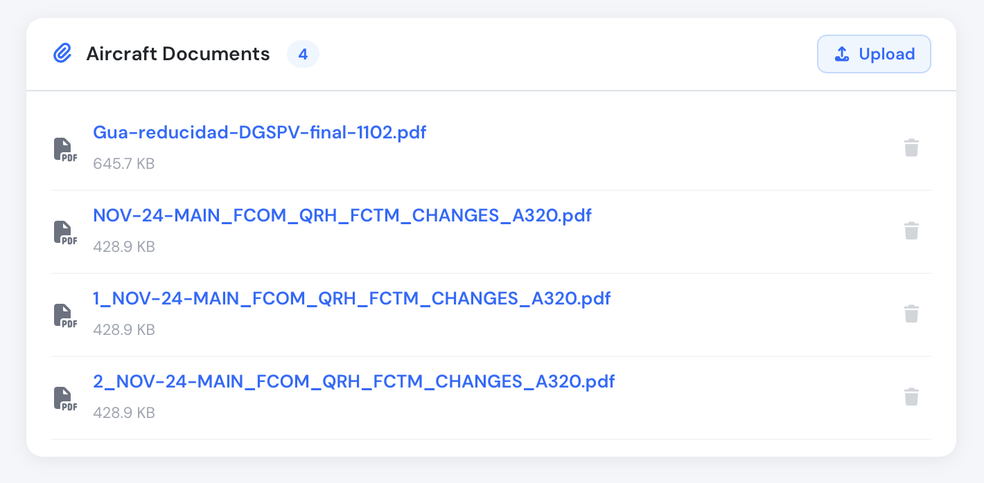 Flight document upload panel with comments