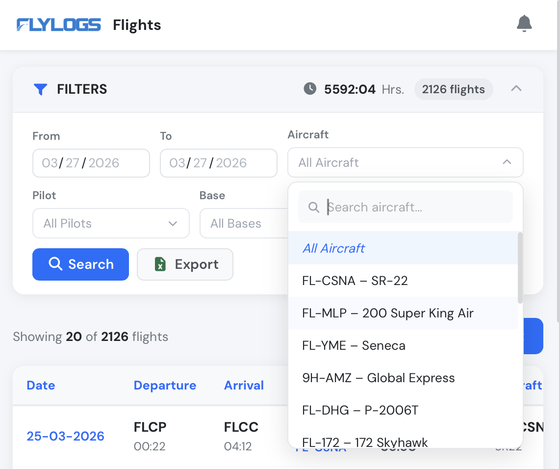 Flight records filter panel with aircraft and date selection