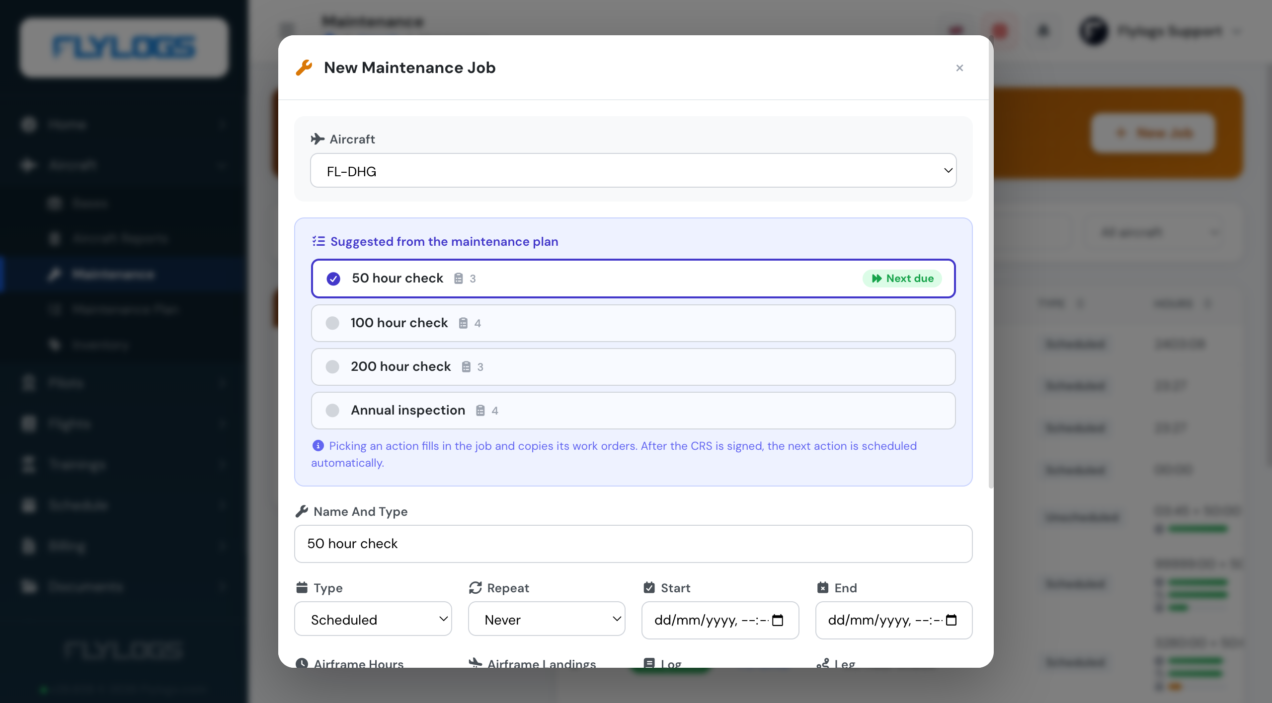 New job form suggesting the next action from the maintenance plan