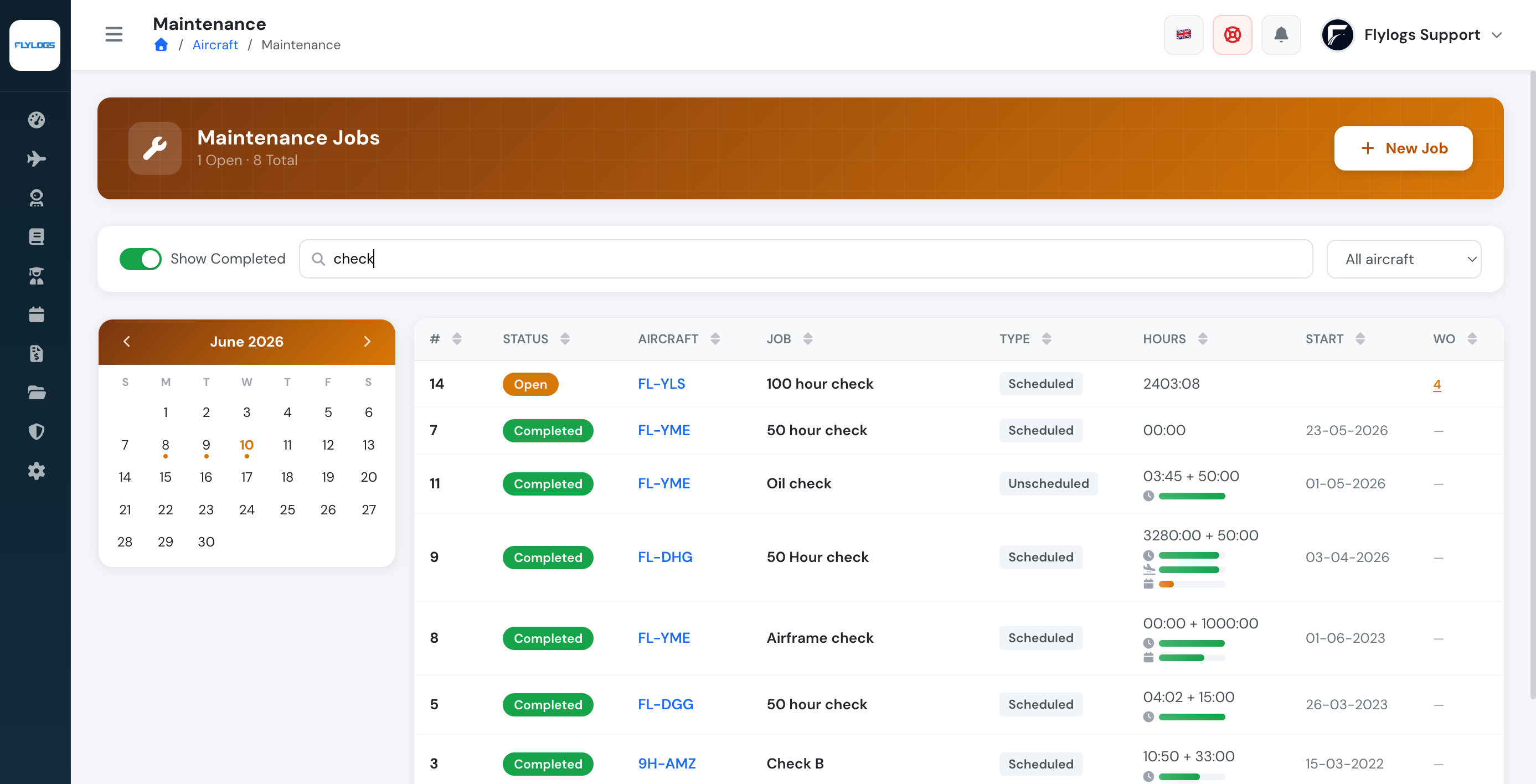 Maintenance jobs list with status, validity gauges and work orders