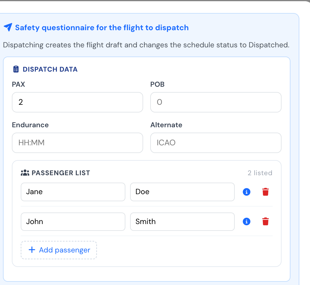 Passenger list box shown during flight dispatch