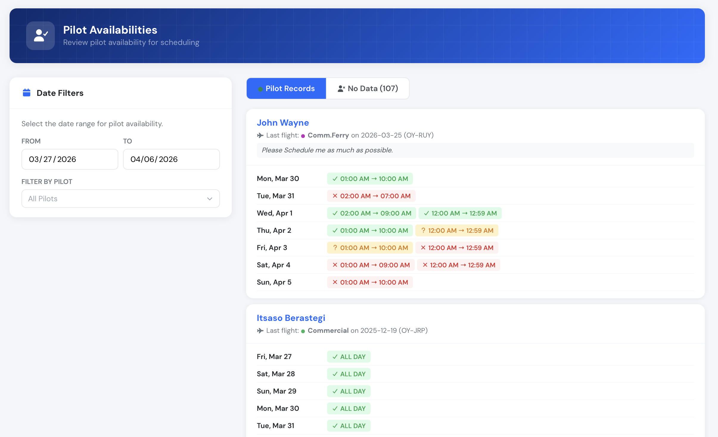 Flight schedule screenshot