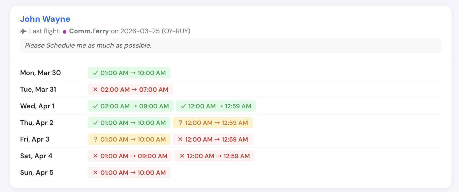 Schedule a new flight dialog with aircraft and pilot selection