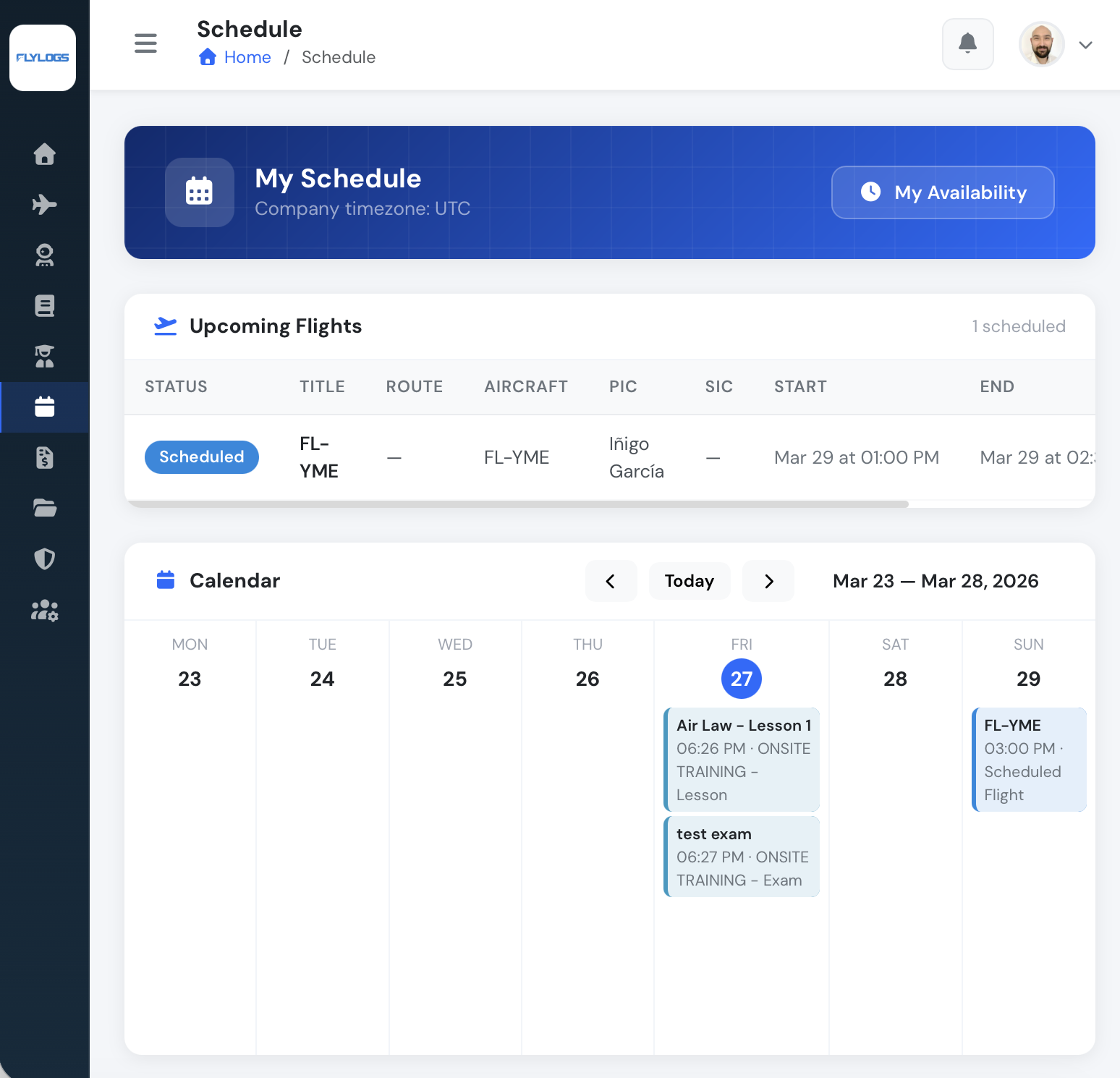 Flight and classroom scheduling calendar in Flylogs