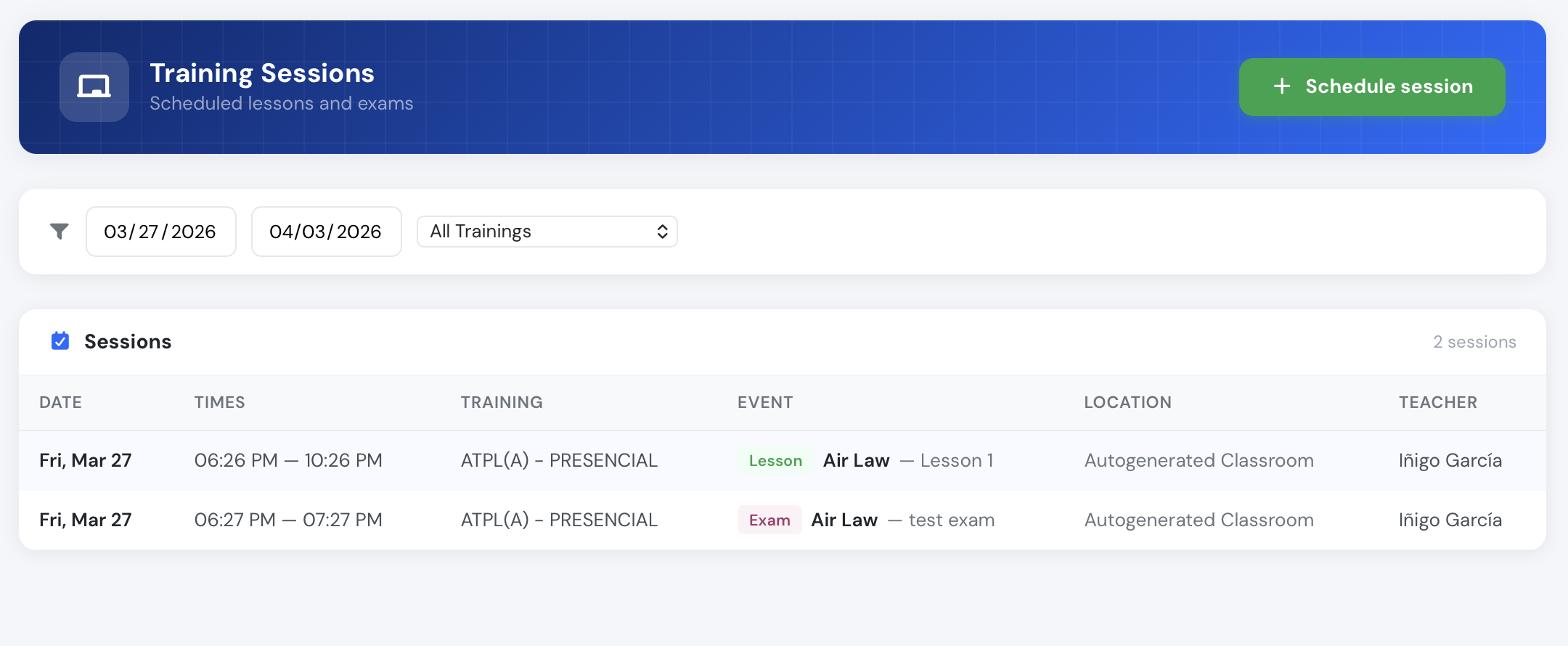 LMS course list showing ATPL and safety training programs